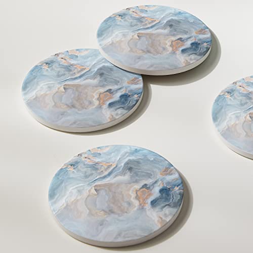 Set of 6 Abstract Blue Marble Coasters with Holder (6 Count)