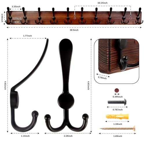 38.6'' Large Coat Rack Wall Mount Coat Hooks Coat Hanger with 10 Metal Black Triple