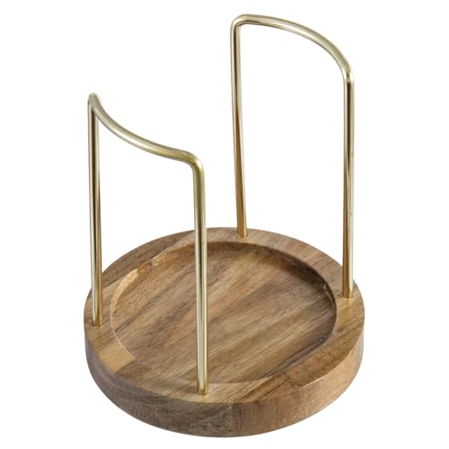 Premium Acacia Solid Wood and Brass Tone Metal Wire Countertop Plastic Cup Holder