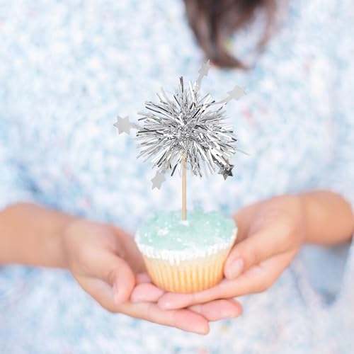 30 PCS Foil Firework Cupcake Toppers Star Cupcake Picks Sparkle Tinsel Flower Drink Stirrers Cocktail Food Fruit Toothpicks for Valentine's Day Birthday Party Cake Decorations Supplies Silver (30 Count)