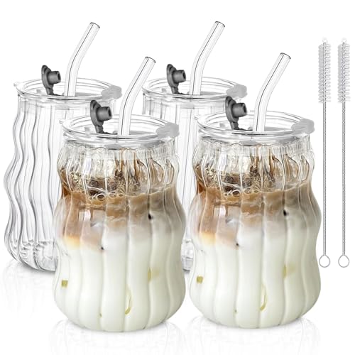 4PCS Ribbed Glass Cups with Lids & Straws