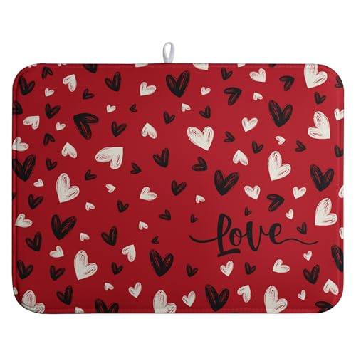 Valentines Day Dish Drying Mat Red Black Love Heart Valentine Kitchen Dish Drying Pad Absorbent Dish Dryer Mat for Kitchen Countertops Microfiber Dishes Drainer Pad Dish Drying Rack Mat