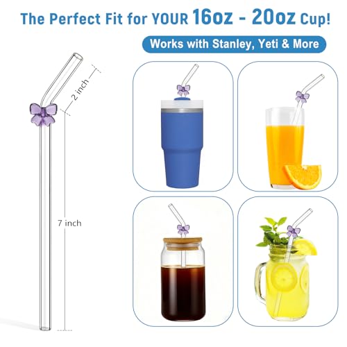 8pack Purple Bow Glass Straws with Charms (8 Count)