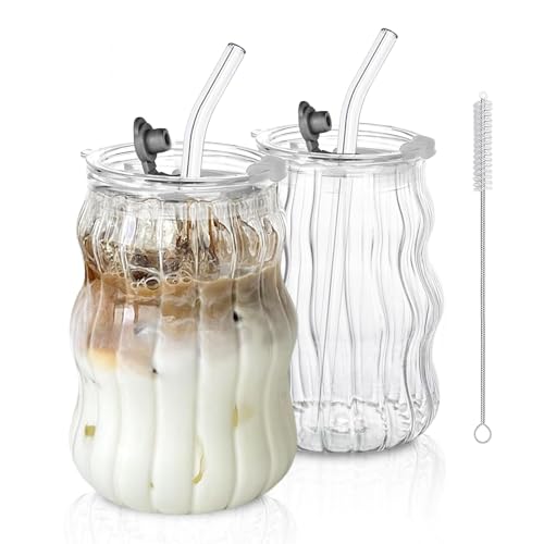 Ribbed Glass Cups with Lids and Straws