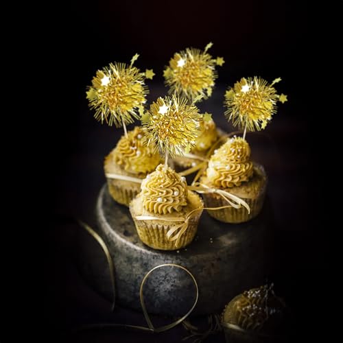 30Pcs Foil Firework Cupcake Toppers Happy Birthday Cake Toppers Tinsel Flower Drink Stirrers Cocktail Food Fruit Toothpicks for Valentine's Day Party Decorations Gold (30 Count)