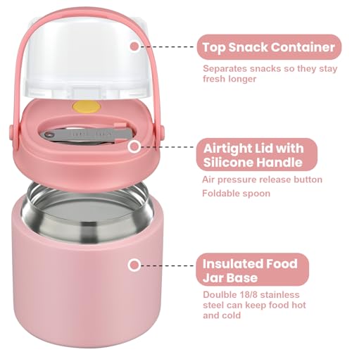2-in-1 Insulated Food Jar with a Snack Container - 15oz Kids Soup Thermos for Hot Food with Handle and Spoon, Leak Proof Bento Lunch Box Kids, Perfect for School & Travel