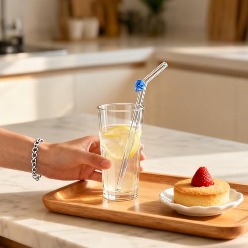8 Pack Blue Skull Borosilicate Glass Straws with Charms (8 Count)