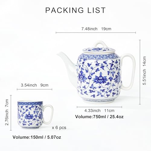 Chinese Blue and White Porcelain Teapot Set Traditional Kung Fu Tea Sets with 6 Cups for Loose Leaf Tea Adults