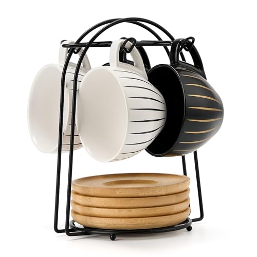 Ceramic Demitasse Espresso Cups Set with Saucers and Metal Stand (11.5 Count)
