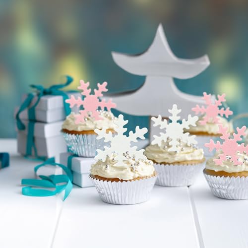 50Pcs Pink Edible Cupcake Cake Toppers Snowflake Cake Decorations for Christmas Winter Frozen Theme Party Supply Decoration Pink White (50 Count)