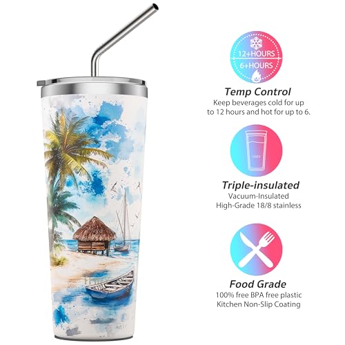 Vacuum Insulated Stainless Steel Tumbler Travel Mug 26 oz Coffee Cup with 2 Lids and Straws