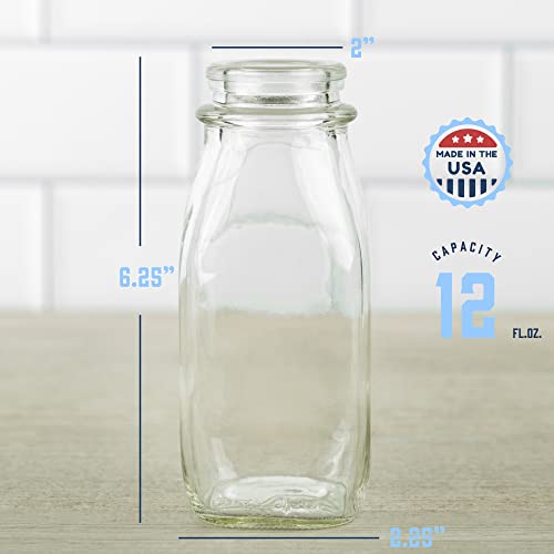 Glass Creamer Bottle 12 Oz Square Glass Milk Bottle with Lids