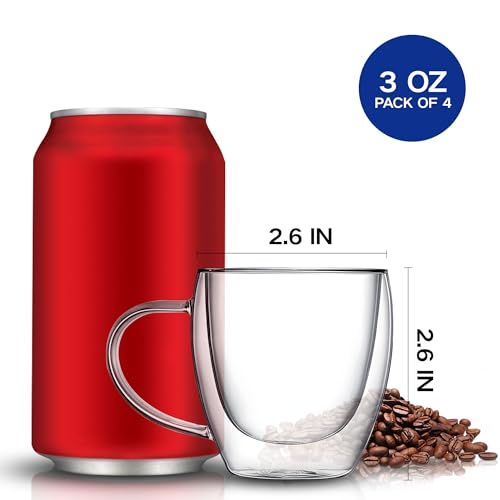 Set of 4 Double Walled Glass Coffee Mugs 3 Ounces Insulated Layer Coffee Cups with Handle Borosilicate Glass Espresso Cup for Hot Beverage (4 Count)