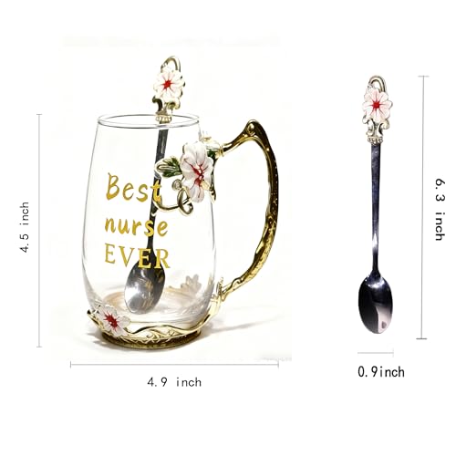 National Nurses Day Flower Glass Cup with Unique Flower Printing and Spoon