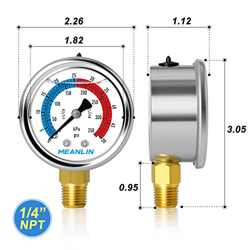 1/4" NPT 0-50psi Pressure Gauge, 2" Dial Glycerine Filled Pool Filter, 304 Stainless Steel Housing, Lower Mount, with 1/2" NPT and 3/8" NPT Hex Bushing
