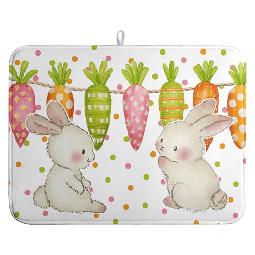 Easter Spring Dish Drying Mats Cute Bunny Dish Mat Easter colorful Carrots Drying Matt Dishes Dryer Pad for Kitchen Counter Absorbent Microfiber Washable Foldable Reusable 18x24 in