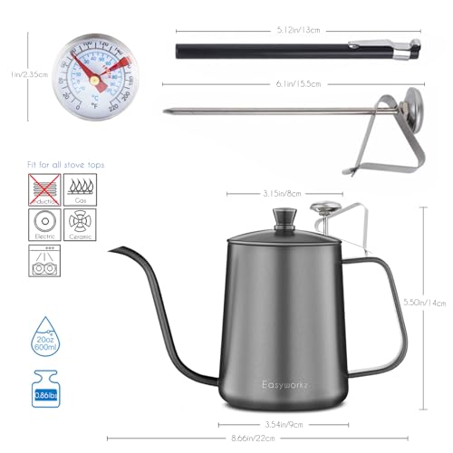 Gage Gooseneck Pour Over Coffee Kettle 20 oz with Thermometer Stainless Steel Hand Drip Coffee Pot With Long Narrow Spout