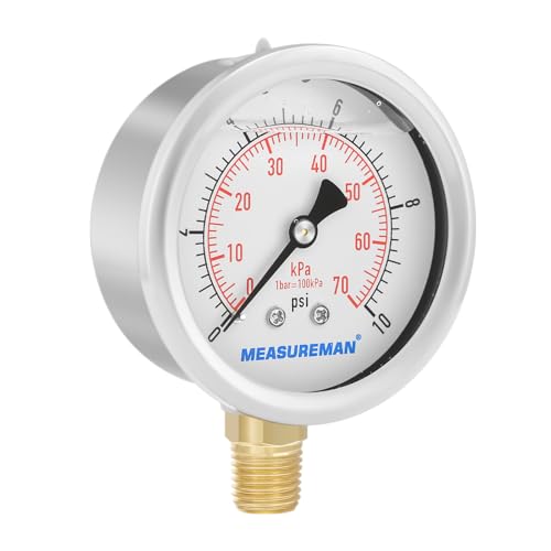 2-1/2" dial,Glycerin Filled, Stainless Steel case, Brass Inside, 0-10psi/kpa,1/4" NPT Lower Mount