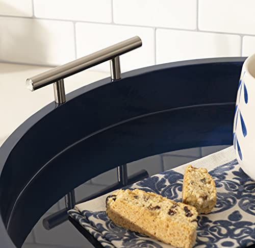 Lipton Modern Round Tray; 15.5 Diameter; Navy and Silver; Decorative Accent Tray for Storage and Display