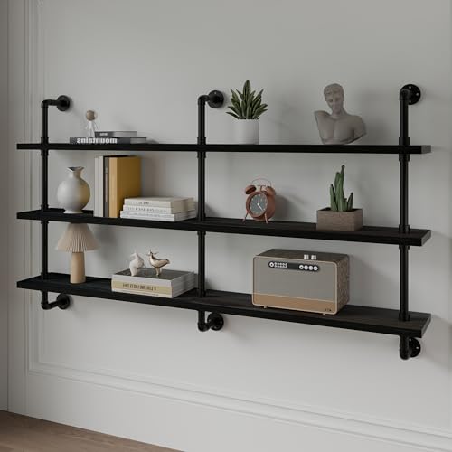 Industrial Pipe Shelving Rustic Black Pipe Wall Shelves Industrial Shelves with Wood Planks Floating Shelves 60 Inch Farmhouse Bathroom