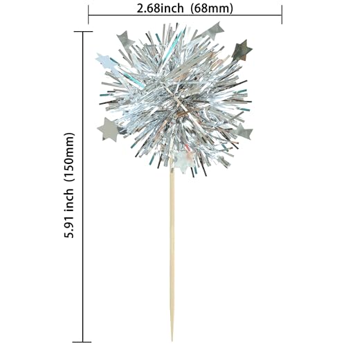 30Pcs Foil Firework Cupcake Toppers Party Birthday Cake Toppers Supplies Sparkle Tinsel Cocktail Fruit Toothpick for Birthday Wedding Graduation Party Silver (30 Count)