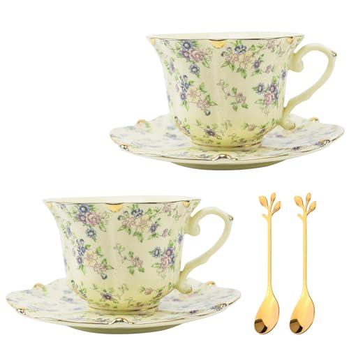 Country Roses Porcelain Tea Cup and Saucer Set with Gold Trim
