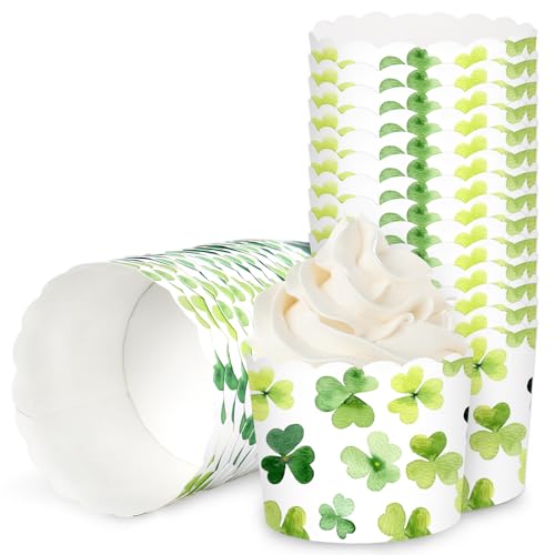 100Pcs St. Patrick's Day Paper Baking Cups Cupcake Wrappers Watercolor Green Shamrock Clover Scalloped Edge Cupcake Muffin Cases for Irish Dessert Decoration