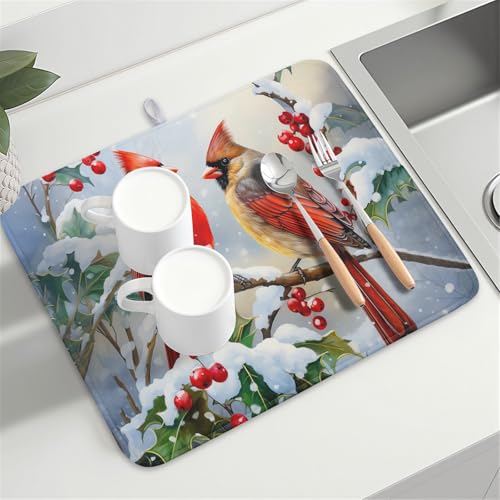 Winter Cardinal Birds Dish Drying Mat