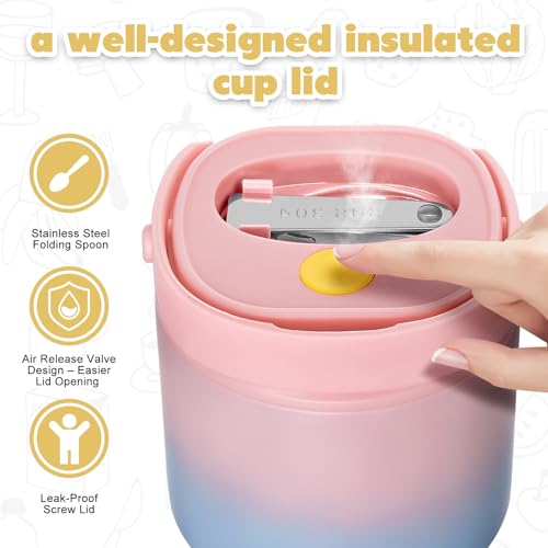 2 - in - 1 Soup Thermo for Hot Food 14oz with Snack Box Container Leak Proof Insulated Lunch Container Kids and Adults Stainless Steel Double Wall Vacuum Wide-mouth Thermal with Spoon and Handle