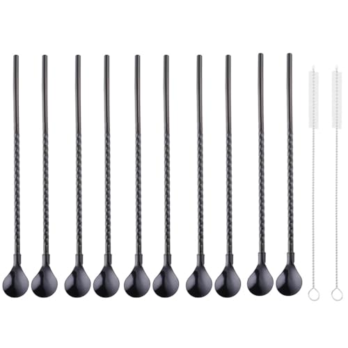 10 pcs Metal Straw Spoons with 2 Cleaning Brushes