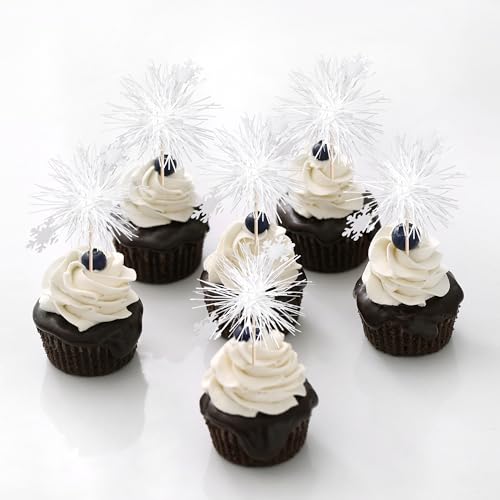 30 PCS Foil Firework Cupcake Toppers Snowflake Cupcake Picks Birthday Cupcake Toppers Sparkle Tinsel Flower Drink Stirrers Cocktail Fruit Toothpicks for Baby Shower Birthday Party Cake Decor Supplies (30 Count)