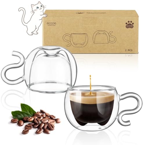 4.4 Oz Cute Cat Double Wall Glasses Espresso Cups Set of 2 (2 Count)