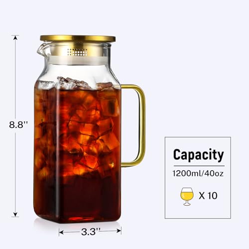 40 oz 1.2Liter Square Glass Pitcher with Lid and Spout