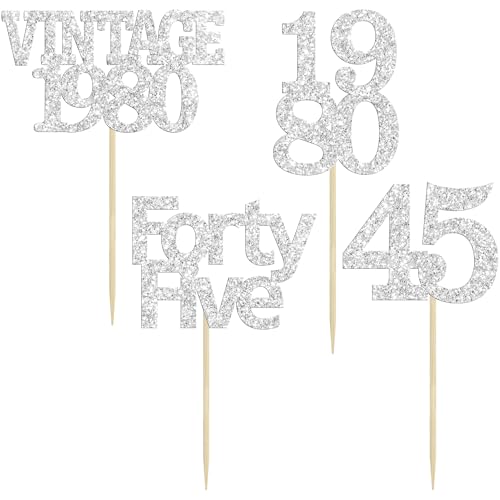 24Pcs 45th Birthday Cupcake Toppers Glitter Cheers to 45 Fabulous Forty Five Vintage 1980 Cupcake Picks 45th Birthday Wedding Anniversary Party Cake Decorations Supplies Silver (24 Count)
