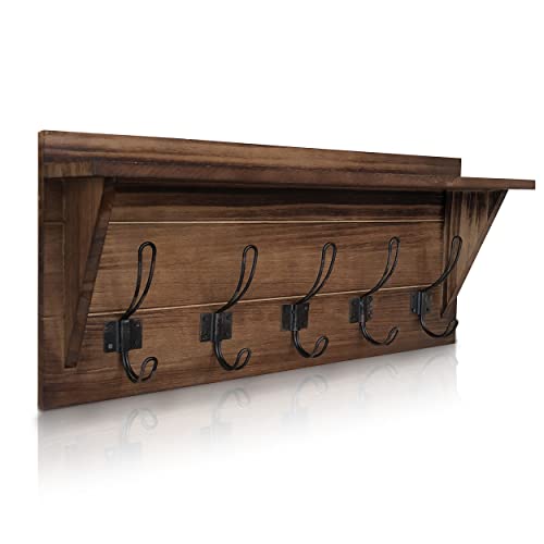 Rustic Brown Solid Wood Wall Mounted Coat Rack with Shelf