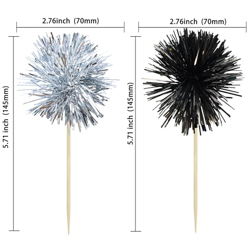 30Pcs Foil Firework Cupcake Toppers Sparkle Tinsel Cake Toppers Tinsel Drink Cake Decoration Cocktail Picks for Birthday Wedding Graduation Party Supplies Black Silver (30 Count)