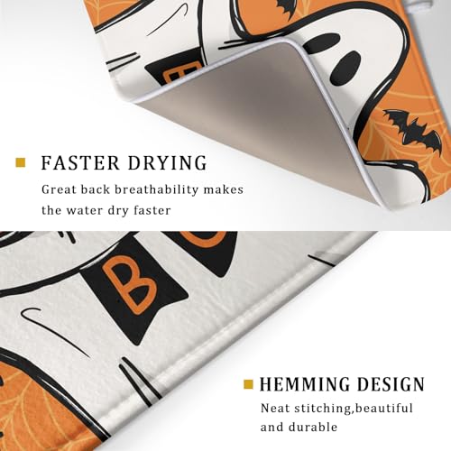 Orange Halloween Dish Drying Mat Spooky Boo Ghost Black Bats Dish Drainer Mats 18"x24" Spider Web Microfiber Reversible Dish Drying Rack Pad Protector for Kitchen Countertop Large Decor
