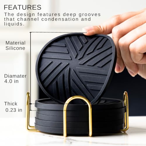 Black Coasters Set of 6 with Gold Holder