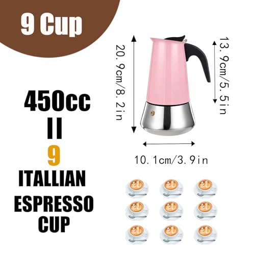 9 Cup Stovetop Espresso Maker Stainless Steel Moka Pot Stove Top Percolator Italian Coffee Makers Capable Mocha Greca Machine Cafe Classic Induction Cookers for Home and Camping 450ml 15oz