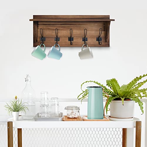 Rustic Brown Solid Wood Wall Mounted Coat Rack with Shelf