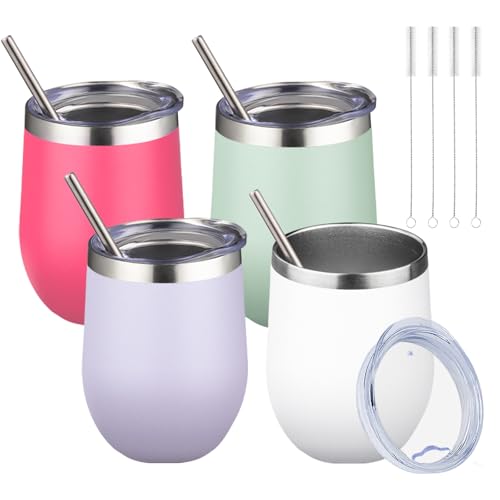 12oz 4 Pack Wine Tumbler Glasses with Lid Stemless Double Wall Vacuum Stainless Steel Travel Tumbler Keeping Cold & Hot for Wine (4 Count)