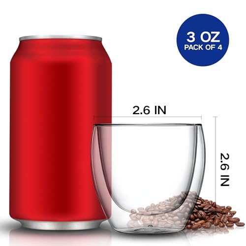 Set of 4 Double Walled Glass Coffee Mugs 3 Ounces Insulated Layer Coffee Cups Borosilicate Glass Espresso Cup for Hot Beverage (4 Count)