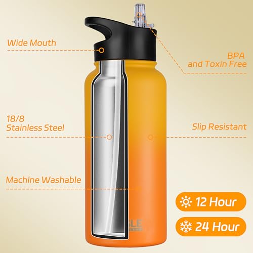 32 oz Insulated Water Bottle Stainless Steel Double Walled Vacuum Sports Water Bottle with 2 Lids