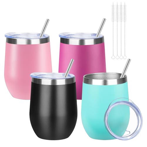 12oz 4 Pack Wine Tumbler Glasses with Lid Stemless Double Wall Vacuum Stainless Steel Travel Tumbler Keeping Cold & Hot for Wine