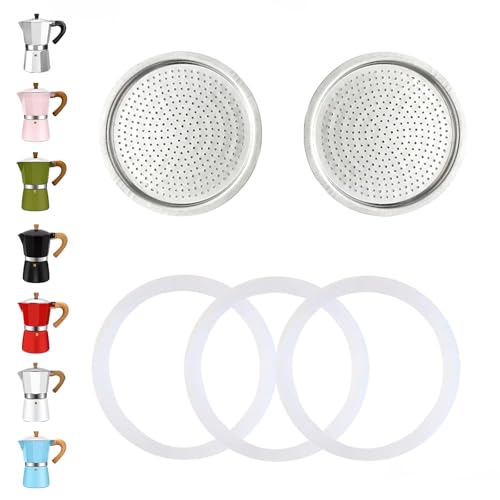 2 Pcs Filter with 3 Pcs Silicone Gasket Seals for 2 Cup Stovetop Espresso Coffee Maker Replacement Parts for DITOSH Aluminium Moka Pot (6 Count)