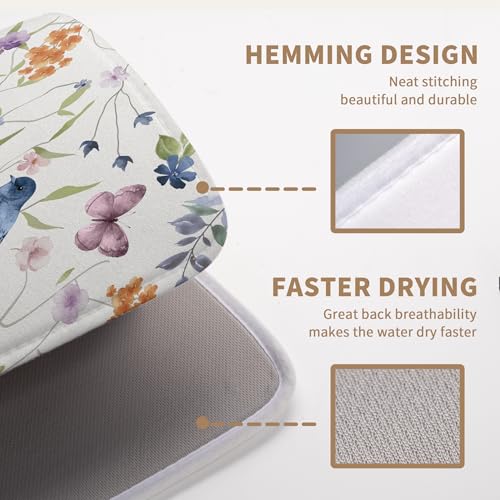 Spring Floral Birds Dish Drying Mats Spring Summer Dish Mat Green Leaf Butterfly Drying Matt Dishes Dryer Pad for Kitchen Counter Absorbent Microfiber Washable Foldable Reusable 18x24 in