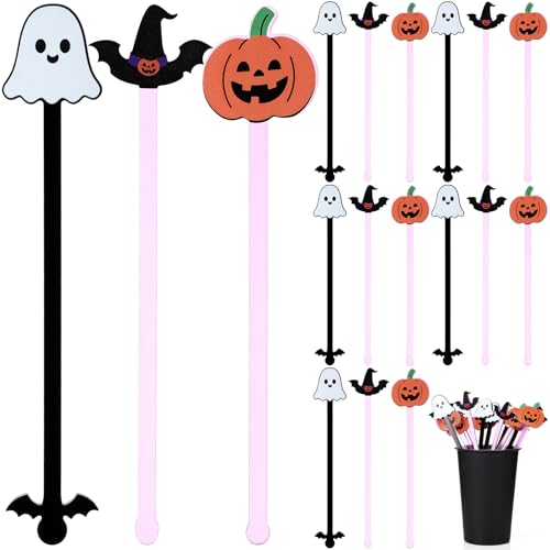 18 Pcs Halloween Swizzle Sticks 6.7 Inches Halloween Reusable Stir Sticks Acrylic Drink Stirrers Pumpkin Ghost Witch Cocktail Coffee Stirrers Bulk for Coffee Bar Milk Party Decor (18 Count)