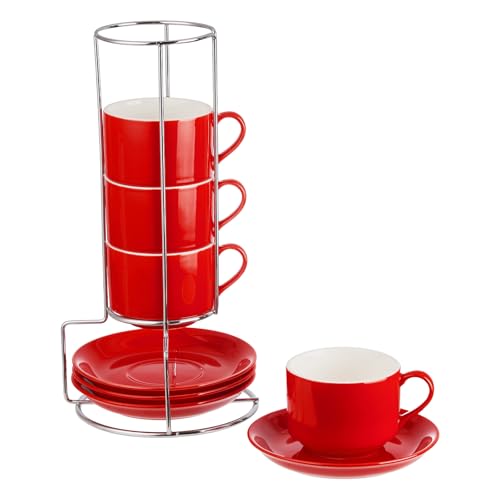 8 Ounce Stackable Cappuccino Cups with Saucers and Metal Stand (4 Count)