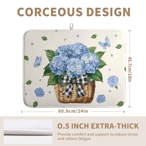 Spring Hydrangea Dish Drying Mats Spring Summer Floral Dish Mat Blue Flowers Butterfly Drying Matt Dishes Dryer Pad for Kitchen Counter Absorbent Microfiber Washable Foldable Reusable 18x24 in