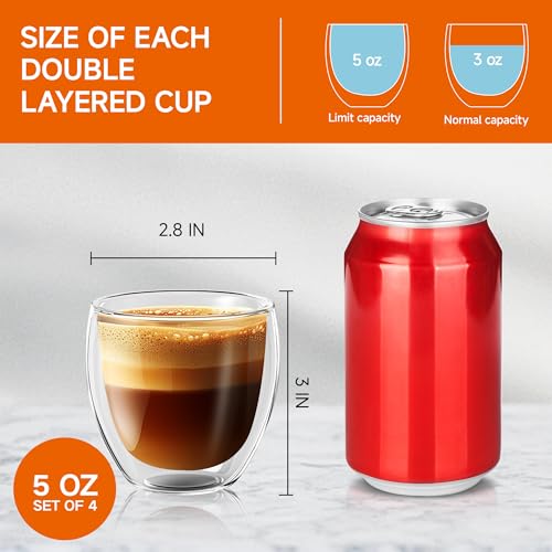 5 Ounces Set of 4 Double Walled Glass Coffee Mugs Insulated Layer Coffee Cups Borosilicate Glass Espresso Double Insulated Clear Glass Coffee Mug for Hot Beverages (4 Count)